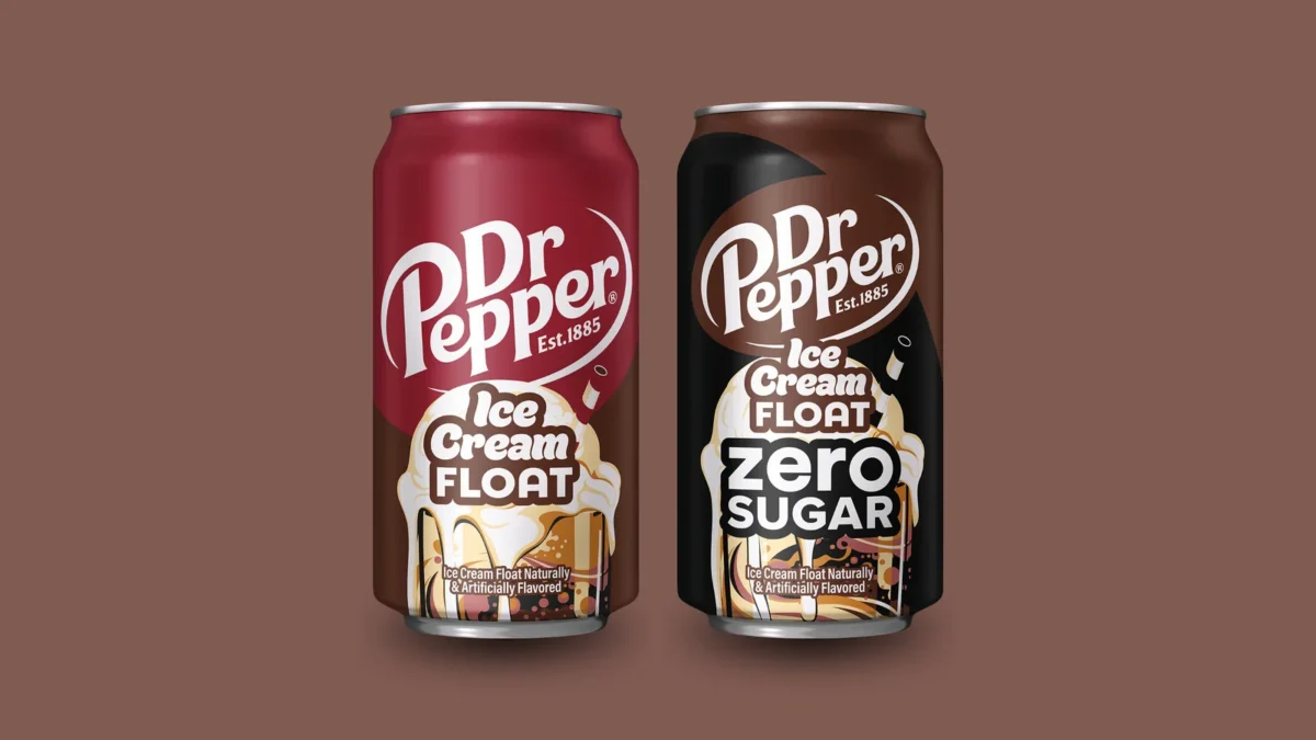 Two Dr Pepper Ice Cream Float cans, the maroon Regular and the black-and-brown Zero Sugar, with a melting scoop of ice cream on the label