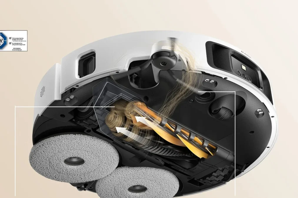 Underside view of the Dreame L60 Ultra PE showing its rubber brush and two round mop pads