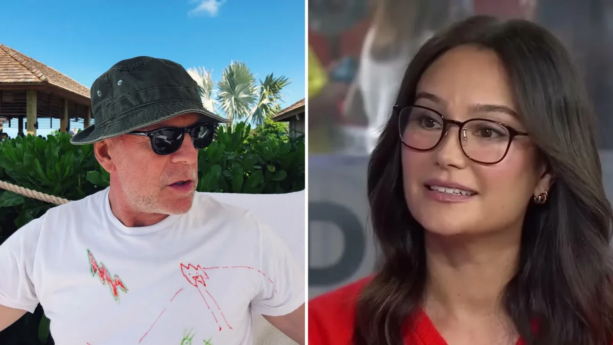 Composite image: Bruce Willis in a bucket hat, sunglasses and a white doodled T-shirt outdoors (left) and Emma Heming Willis in glasses and a red top on the TODAY set (right)