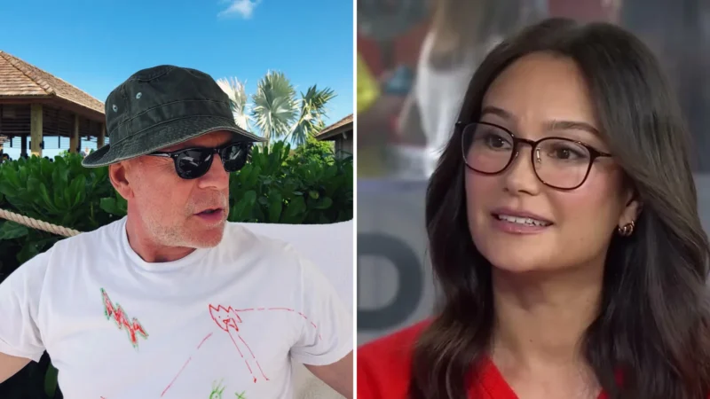 Composite image: Bruce Willis in a bucket hat, sunglasses and a white doodled T-shirt outdoors (left) and Emma Heming Willis in glasses and a red top on the TODAY set (right)