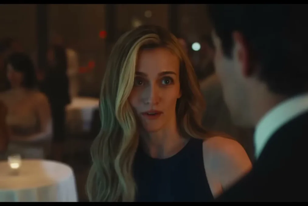 A blond woman in a navy sleeveless dress at a dinner party looking at a man in a dark suit in a scene from FX's Love Story