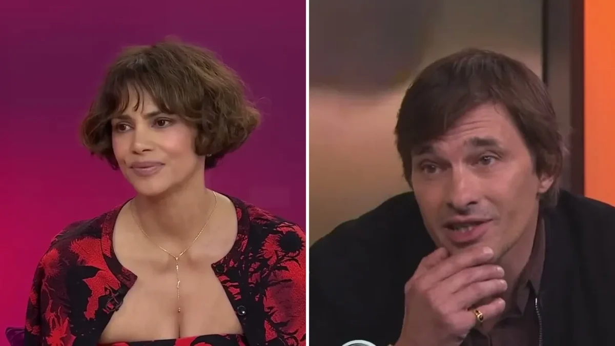 Composite image: Halle Berry in a red-and-black cardigan on the TODAY set, at left, and Olivier Martinez in a black jacket on the Telemundo 52 set, at right