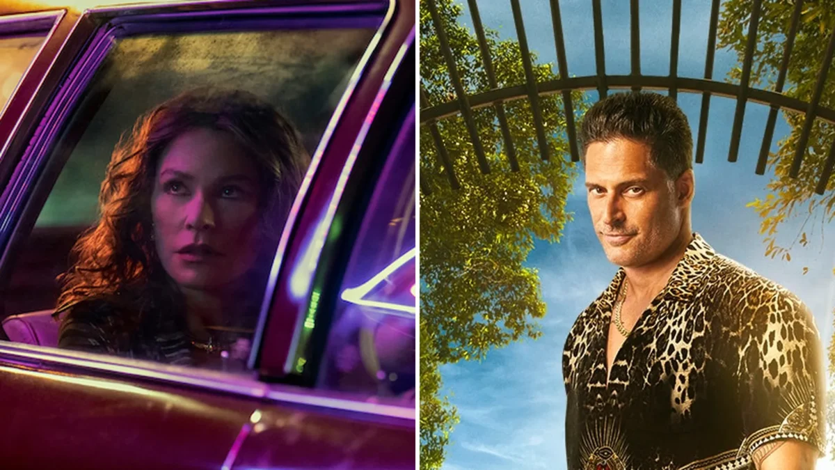 Composite image: Sofía Vergara with long curly hair looking out of a car window lit by neon, at left, and Joe Manganiello in a leopard-print shirt holding a briefcase on a beach, at right