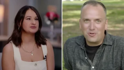 Composite image: Gypsy Rose Blanchard in a white top during an interview, at left, and Ken Urker smiling in a park in a gray button-up shirt, at right