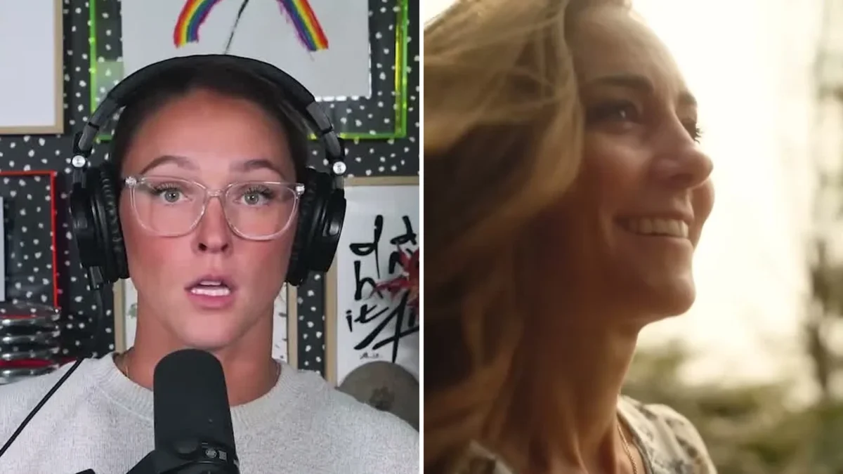 Composite image: Kylie Kelce in clear glasses and headphones at a podcast microphone, at left, and Catherine, Princess of Wales, smiling in profile with her hair blowing, at right
