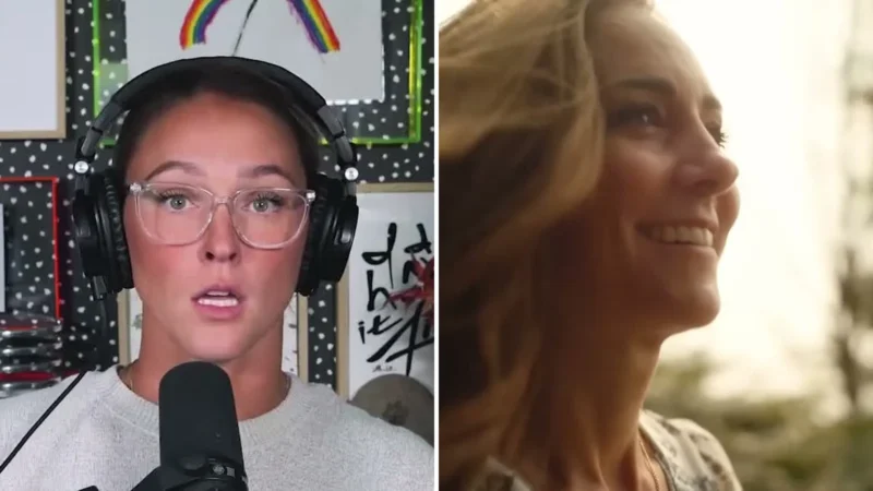 Composite image: Kylie Kelce in clear glasses and headphones at a podcast microphone, at left, and Catherine, Princess of Wales, smiling in profile with her hair blowing, at right