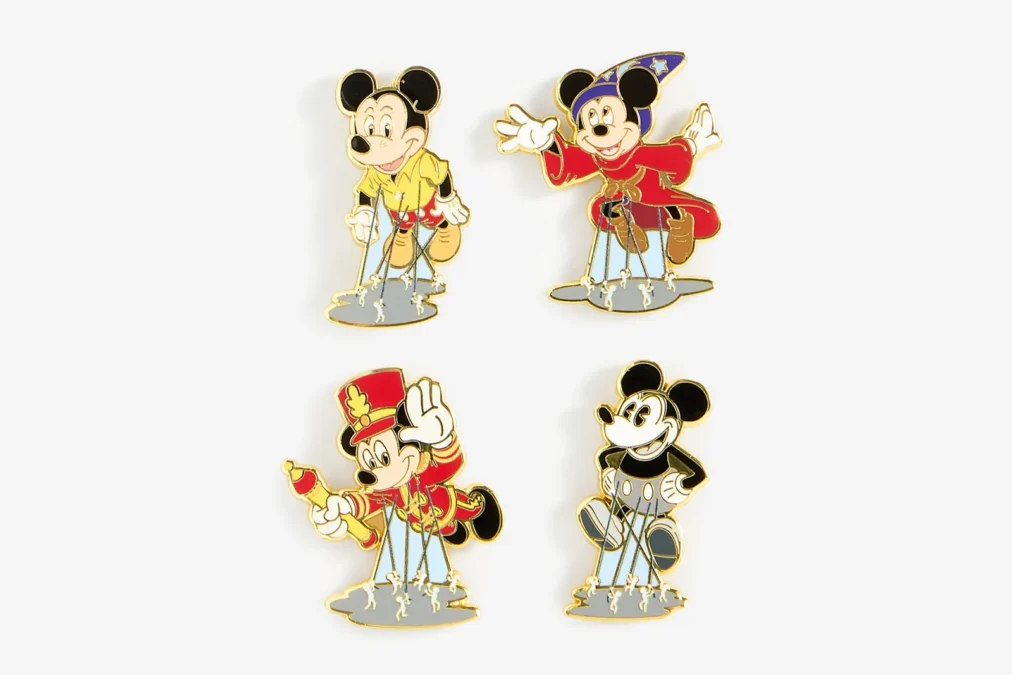 Four Loungefly enamel pins of Mickey Mouse parade balloons, including Sorcerer's Apprentice Mickey and Bandleader Mickey