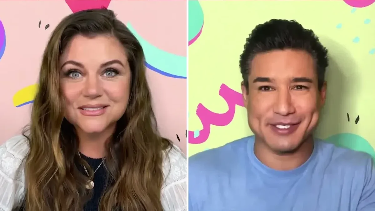 Composite image: Tiffani Thiessen smiling in a white lace top, at left, and Mario Lopez smiling in a light blue T-shirt, at right, in a video call against colorful backdrops
