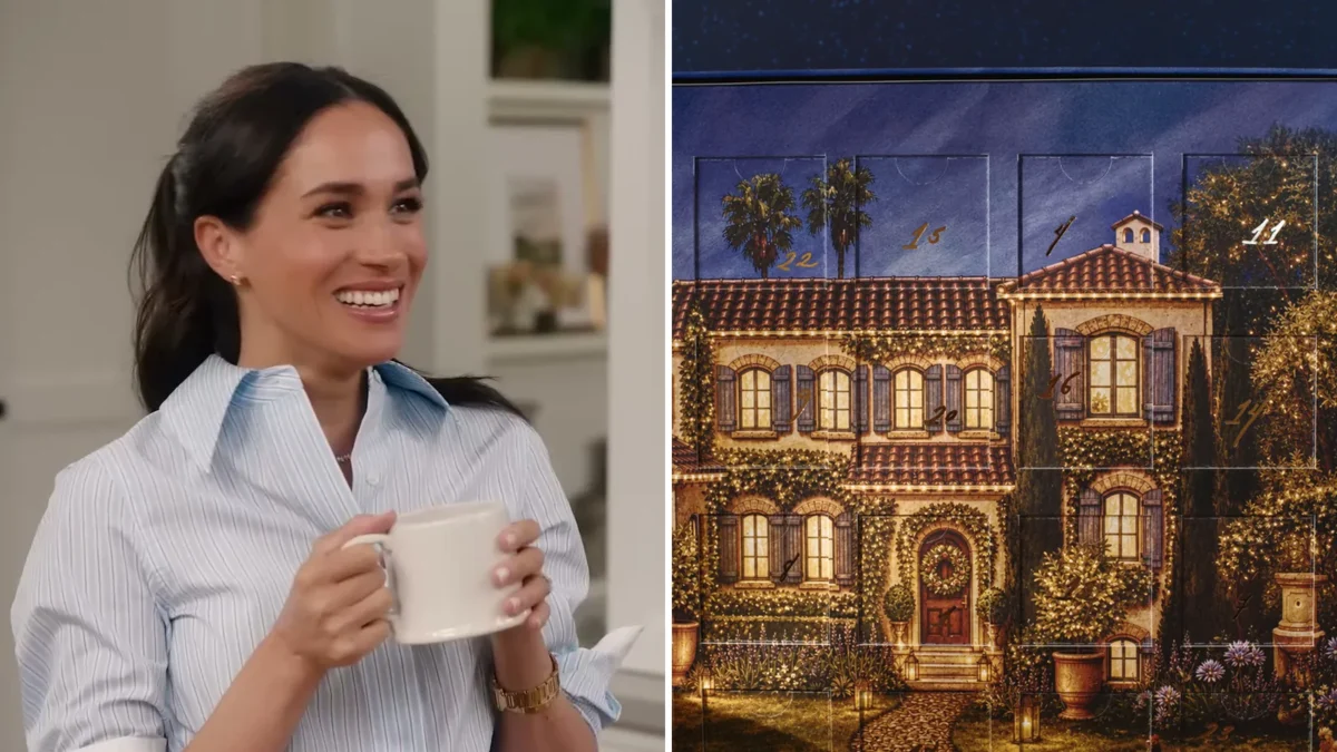 Composite image: Meghan Markle smiling and holding a white mug in a blue striped shirt at left, and the illustrated lid of the As ever advent calendar showing a tile-roofed house at night at right