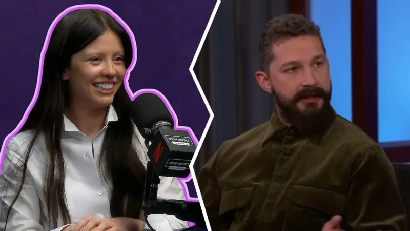 Composite image: Mia Goth smiling in a white shirt at a podcast microphone, at left, and Shia LaBeouf with a dark beard in an olive corduroy shirt, at right
