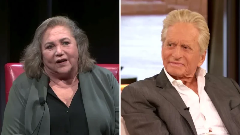 Composite image: Kathleen Turner in a gray-green jacket in a red chair at an event, at left, and Michael Douglas in a gray suit on a talk-show couch, at right