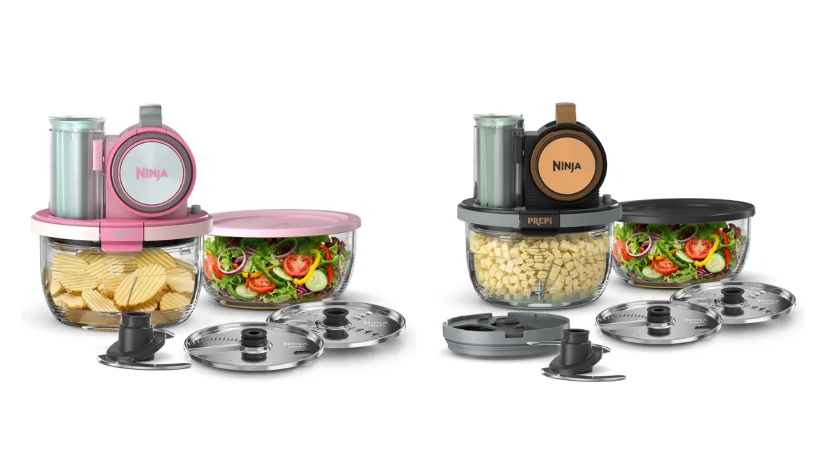 Two Ninja PREPi food processors on a white background: the pink 5-in-1 with crinkle-cut chips and a salad, and the copper-and-teal 6-in-1 with diced potatoes