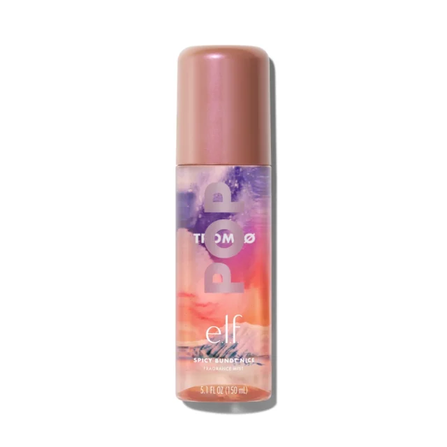 The e.l.f. POP Spicy Bundt Nice Fragrance Mist bottle with Tromsø watercolor packaging