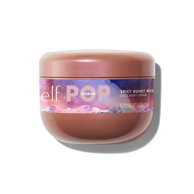 The e.l.f. POP Spicy Bundt Nice Silky Body Cream jar with Tromsø watercolor label