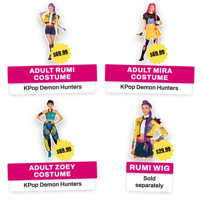 Four product cutouts with price tags: the adult Rumi, Mira and Zoey KPop Demon Hunters costumes at $69.99 each and the Rumi wig at $29.99