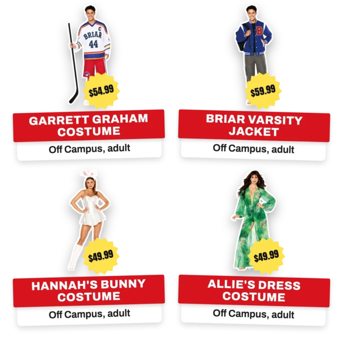 Four product cutouts with price tags from the Off Campus line: the Garrett Graham costume at $54.99, the Briar varsity jacket at $59.99, Hannah's bunny costume at $49.99 and Allie's dress costume at $49.99