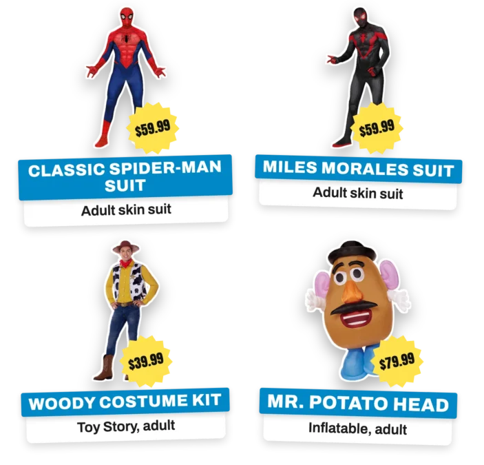 Four product cutouts with price tags: the classic Spider-Man suit and Miles Morales suit at $59.99 each, the Woody costume kit at $39.99 and the inflatable Mr. Potato Head at $79.99