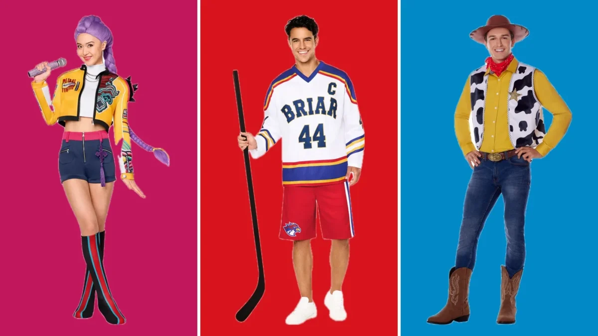 Composite of three product photos on colored panels: the adult Rumi KPop Demon Hunters costume at left, the Off Campus Garrett Graham hockey jersey costume in the center and an adult Woody Toy Story costume at right