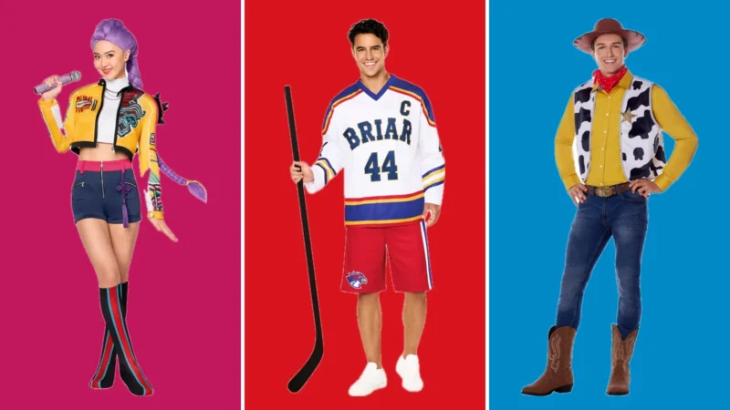 Composite of three product photos on colored panels: the adult Rumi KPop Demon Hunters costume at left, the Off Campus Garrett Graham hockey jersey costume in the center and an adult Woody Toy Story costume at right