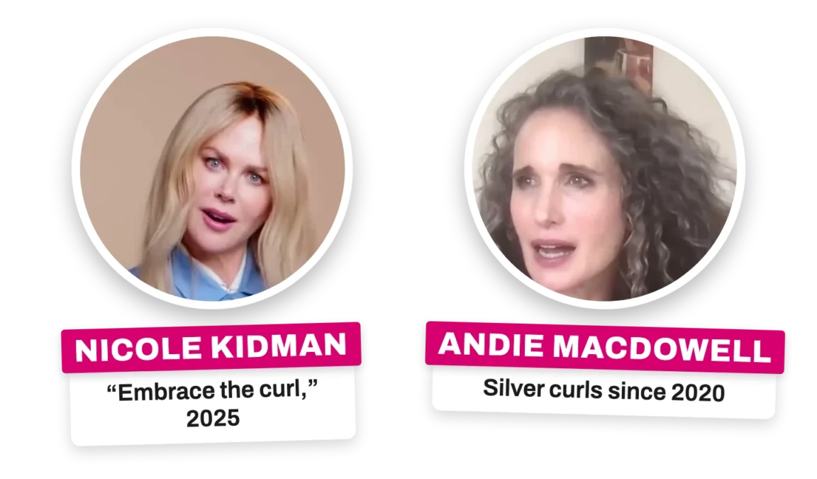 Two circle photos: Nicole Kidman, labeled Nicole Kidman, Embrace the curl, 2025; and Andie MacDowell with silver curls, labeled Andie MacDowell, Silver curls since 2020